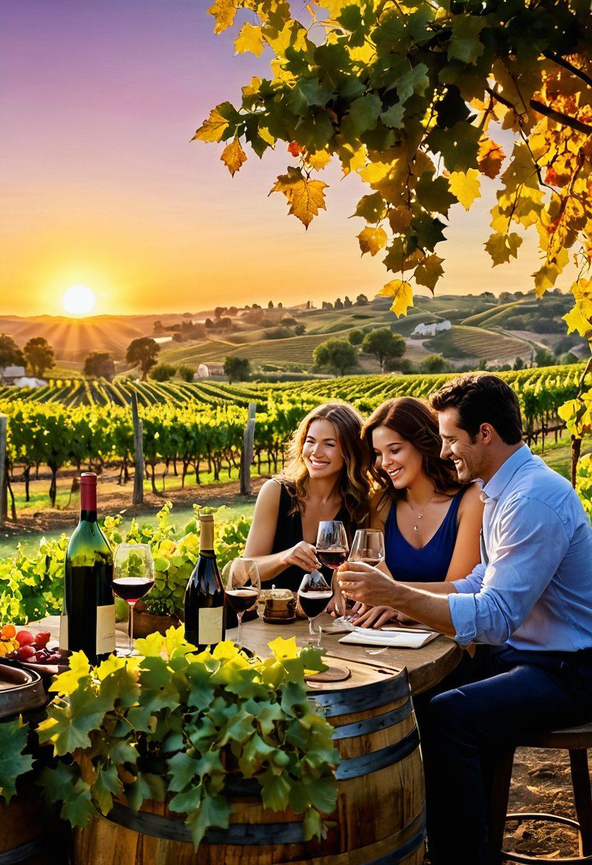 A picturesque vineyard under a golden sunset, with lush grapevines in the foreground and a rustic winery in the background. Include a group of diverse people joyfully tasting wine and laughing, surrounded by barrels and wine bottles. Feature a bottle of red wine with overflowing glasses demonstrating the elegance of wine culture. Enhance the scene with vibrant colors and soft lighting to evoke warmth and celebration. painting. vibrant colors. golden hour.