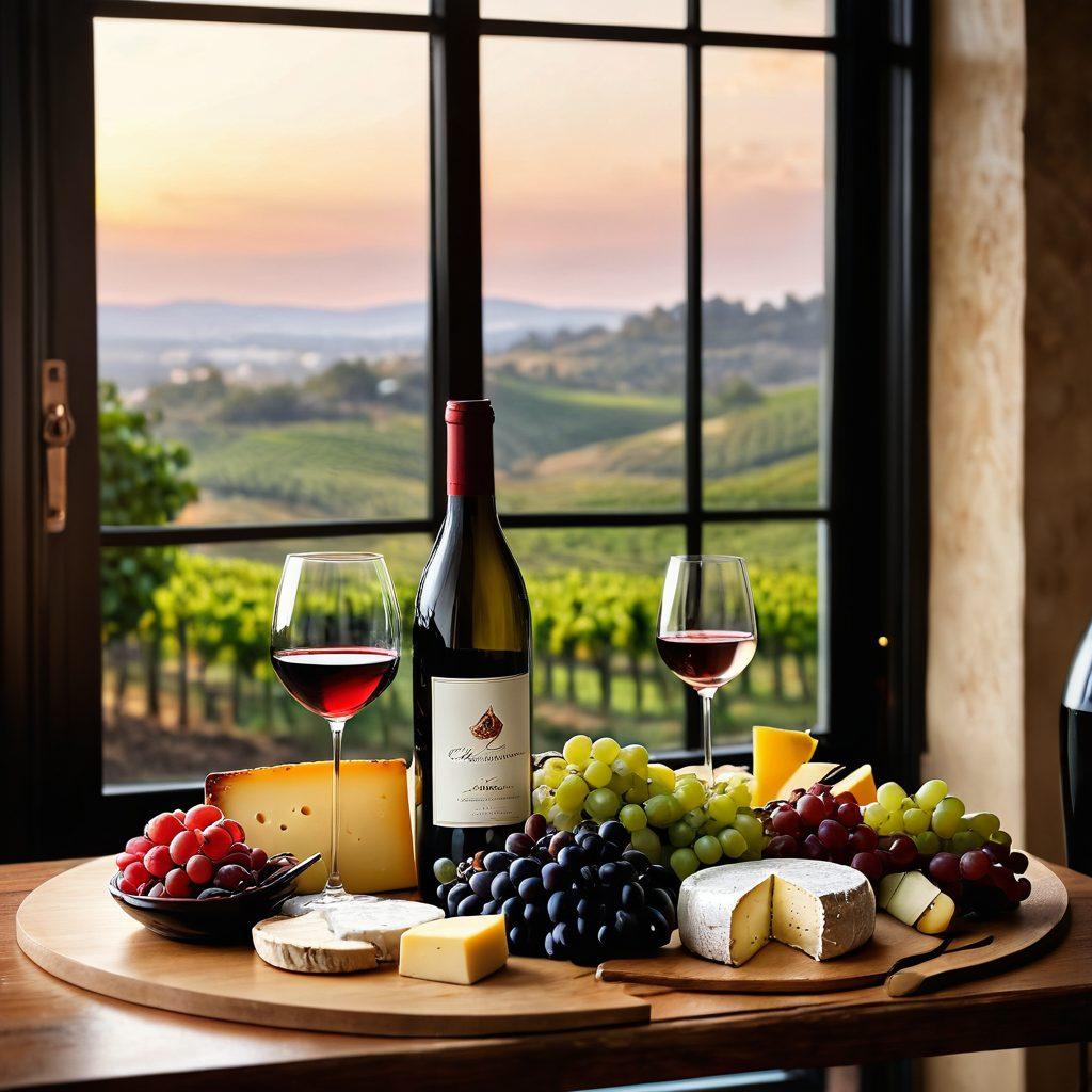 An elegant wine tasting setting featuring a beautifully arranged table with various wine glasses, bottles of red and white wine, gourmet cheese, and fresh fruits. Soft lighting accentuates the colors of the wine and food, creating an inviting atmosphere. Include a sommelier expertly swirling a glass of wine, with a vineyard landscape visible through a nearby window. Rich textures and details enhance the allure of the scene. super-realistic. warm tones. sophisticated ambiance.