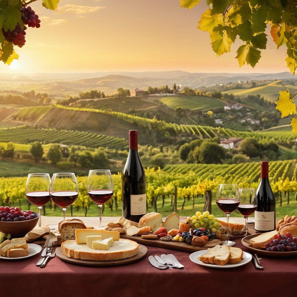A panoramic view of lush vineyards stretching across rolling hills under a golden sunset, with various grape varieties hanging from the vines. In the foreground, a wine tasting table set with elegant glasses and a rich, dark red wine bottle, flanked by traditional cheese and bread platters. Small flags from different countries representing global wine regions are scattered throughout. Soft lighting enhances the warm atmosphere, inviting viewers to experience the culture of wine appreciation. vibrant colors. super-realistic.